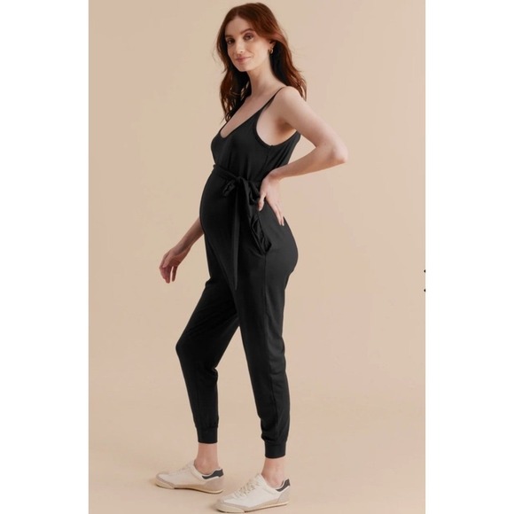 A Pea in the Pod Pants - A Pea in the Pod Black Maternity Jumpsuit Spaghetti Strap Tie Waist Jogger LG